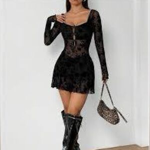 Women's Floral Lace Cut Out Mini Dress Sexy Long Sleeve Bow Decor Party Club EUC
